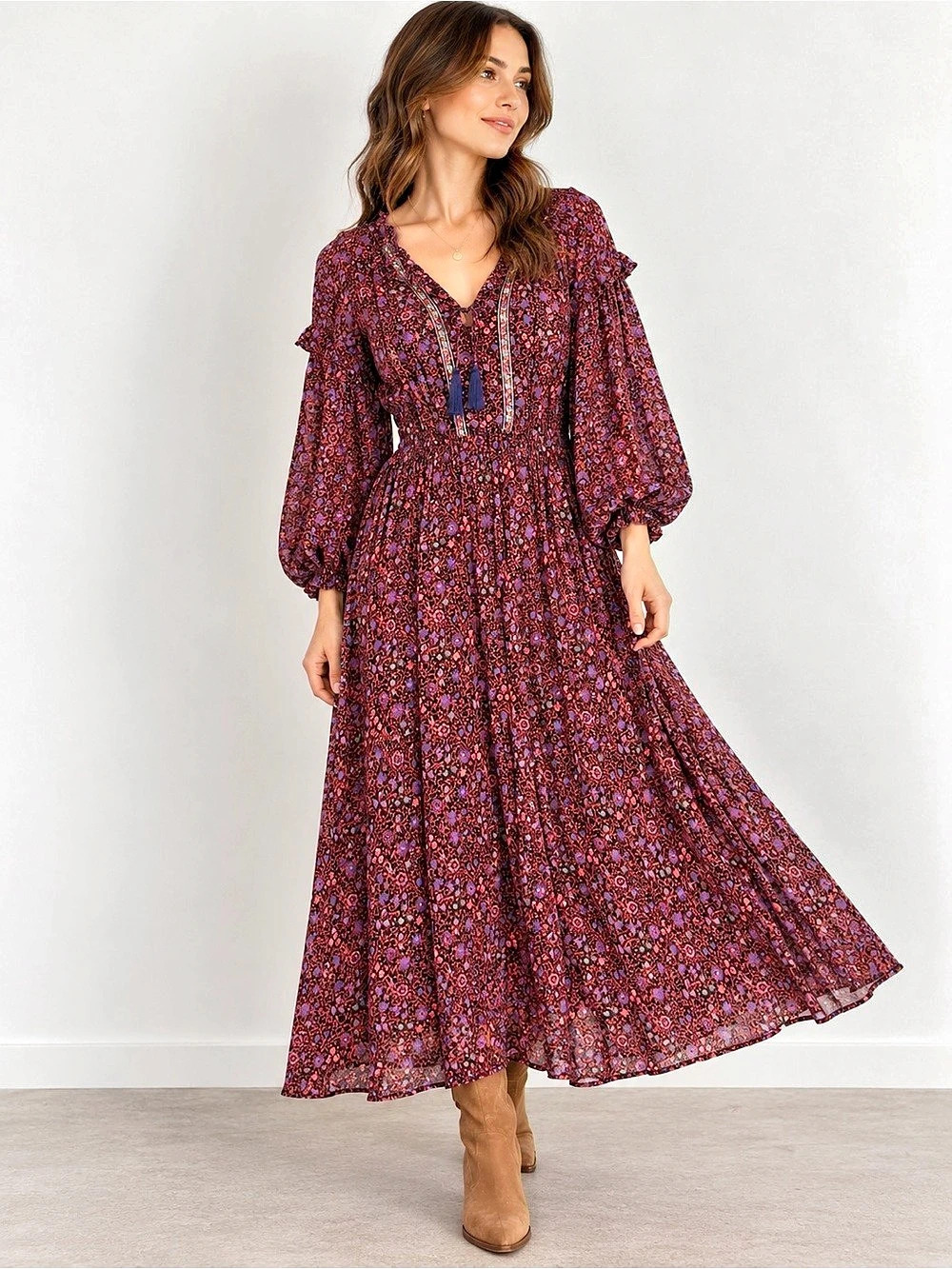 Cabel Floral Maxi Dress in Red & Purple Size Small Like New